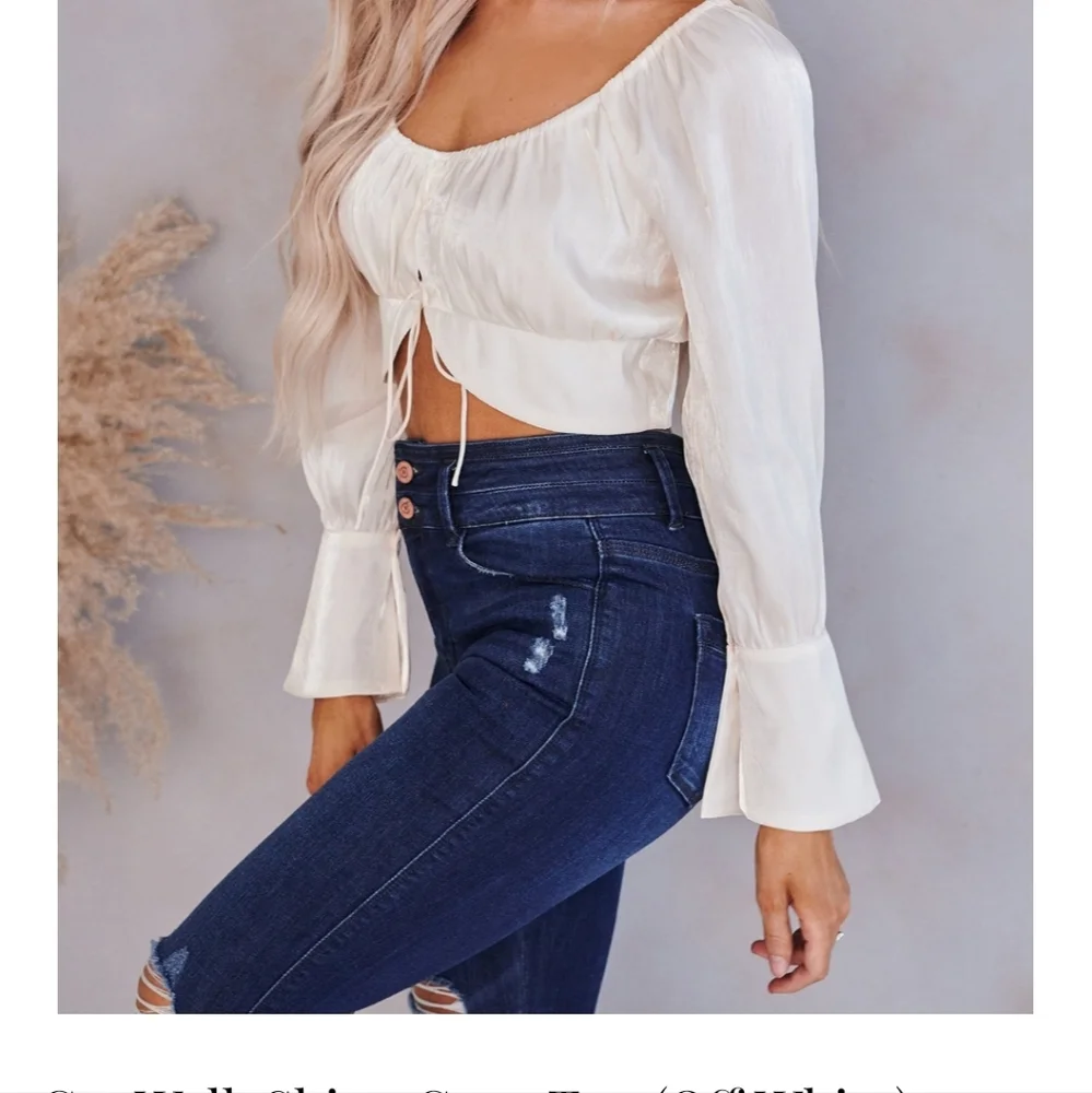 NanaMacs Cream Crop Blouse with Bell Sleeves and Tie Front - Picture 2 of 5